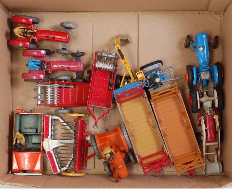 One tray containing a quantity of mixed Dinky Toy and Corgi Toy farming diecasts to include No. 300 Massey Ferguson tractor, 