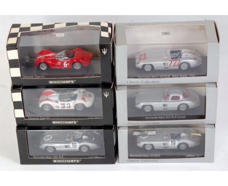 Six various plastic cased Minichamps 1:43 scale and classic car diecasts to include a Maserati Tipo SCCA National Race 1961, 