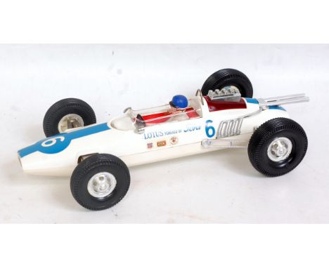 GAMA (W.Germany) 1.10 scale, Friction Drive, Plastic, No.6 1963 Lotus Ford 29 Indianapolis in White/Blue #6 Dan Gurney inc fu