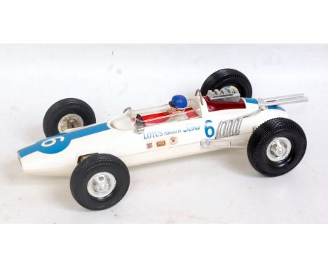 GAMA (W.Germany) 1.10 scale, Friction Drive, Plastic, No.6 1963 Lotus Ford 29 Indianapolis in White/Blue #6 Dan Gurney inc fu