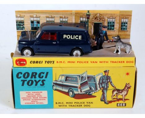 Corgi, 448 BMC Mini police van with tracker dog, dark blue Mini, red interior, plastic policeman and dog on lead, sliding pli