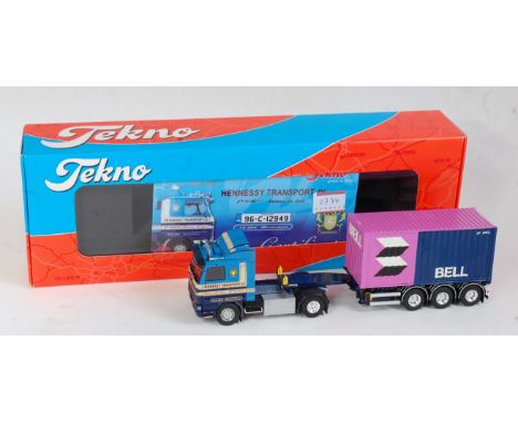 A Tekno 1:50 scale model of a Scania 113H 360 tractor unit with 20' container load and trailer, finished in the Hennessy Tran