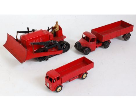 Seven various loose playworn Dinky Toy diecasts to include Bedford TK tipper truck, immediate post war fire engine with bell,