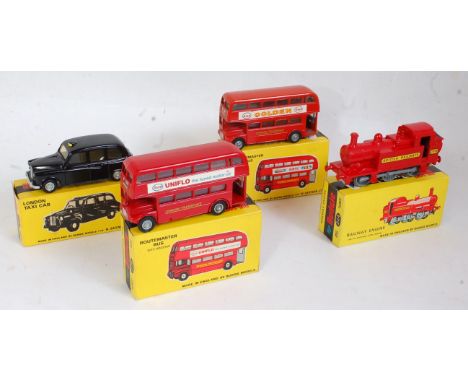 Four various boxed Budgie Toys diecast vehicles to include No. 101 London taxi, No. 224 railway engine, and 2x No. 236 Routem