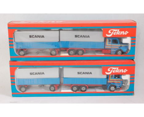 A Tekno 1:50 scale boxed Scania road transport group to include a Scania 142H bull nose 6x2 rigid truck with matching 4x2 tra