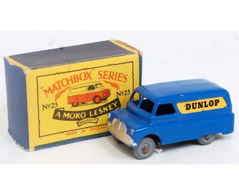 A Matchbox 1-75 series No. 25A Bedford Dunlop delivery van comprising dark blue body with Dunlop livery and metal wheels, in 