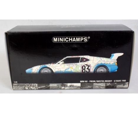 A Minichamps 1:18 scale model of a BMW M1 Le Mans 1980 racing car, model No. 802983, comprising nicely detailed map style pai