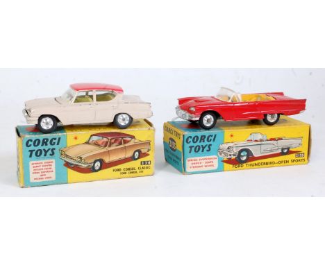 A Corgi Toys boxed diecast group, two examples to include No. 215S Ford Thunderbird open sports comprising red body with yell