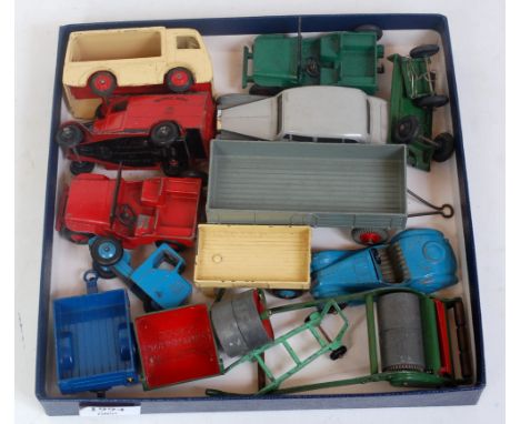 One tray containing a quantity of playworn Dinky Toy diecasts to include lawnmower, Royal Mail delivery van, Rolls Royce Silv