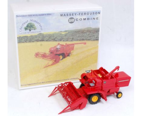 A Chestnut Miniatures 1:32 scale white metal and resin model of a Massey Ferguson 510 combine harvester comprising red body w