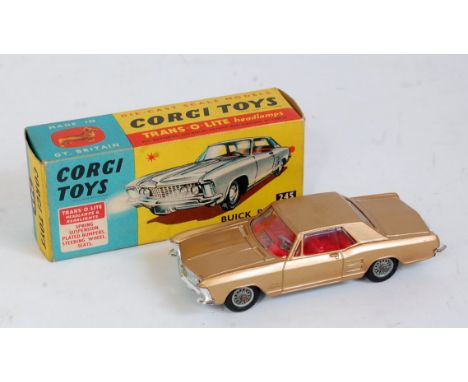 Corgi Toys, 245, Buick Riviera, metallic gold body with red interior, spoked wheels with chrome front and rear bumper, grey p