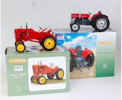 A Universal Hobbies 1:16 scale boxed tractor group to include a Massey Harris Pony 812, together with a Massey Ferguson 135, 