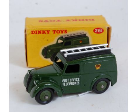 A Dinky Toys No. 261 telephone service van, comprising green body with green hubs and silver ladder and black roof, in the or