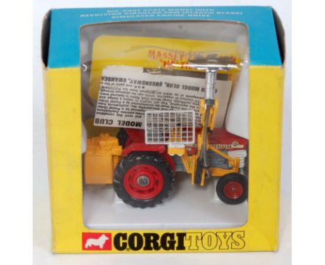 A Corgi Toys No. 73 Massey Ferguson 165 tractor with saw attachment, comprising red, grey, white and yellow body with red pla