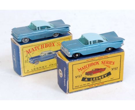 A Matchbox 1:76 series boxed diecast group to include No. 57A Chevrolet Impala, comprising metallic blue body with light blue