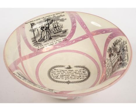 A C T MALING PINK MARBLED LUSTRE BASIN WITH BLACK TRANSFER PRINTS, INCLUDING THE TOKEN OR JACK'S SAFE RETURN TO HIS TRUE LOVE