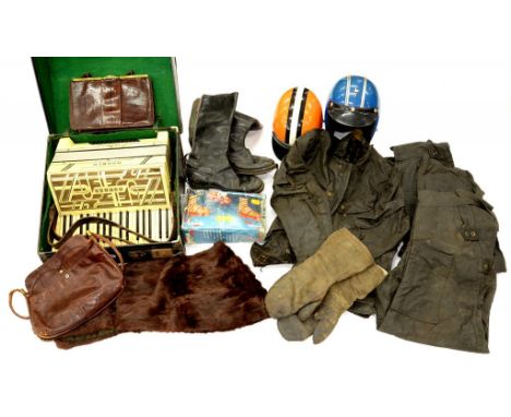 A HOHNER PIANO ACCORDION, CASED, MOTORCYCLE HELMETS, HANDBAG ETC