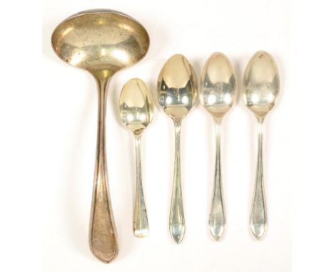THREE GEORGE V SILVER TEASPOONS,  A COFFEE SPOON AND A LADLE, VARIOUS MAKERS, SHEFFIELD 1929-32, 4OZS 17DWTS (5)++LADLE TARNI