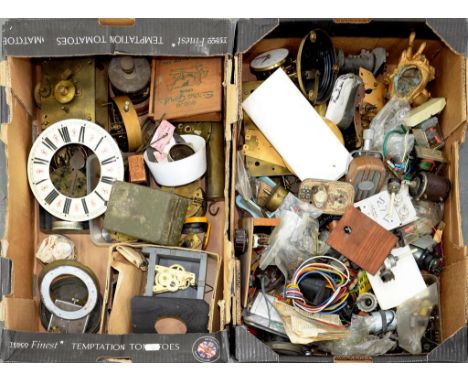 A 19TH C ENGLISH BRASS FUSEE BRACKET CLOCK MOVEMENT AND MISCELLANEOUS OTHER VINTAGE CLOCK MOVEMENTS AND COMPONENTS, ETC