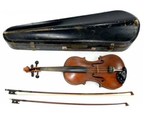 A VIOLIN, WITH TWO PIECE BACK, UNLABELLED, LENGTH OF BACK 36CM AND TWO BOWS, ROUND STICK, ONE STAMPED NICOLAS DUCHENE, 45G, P