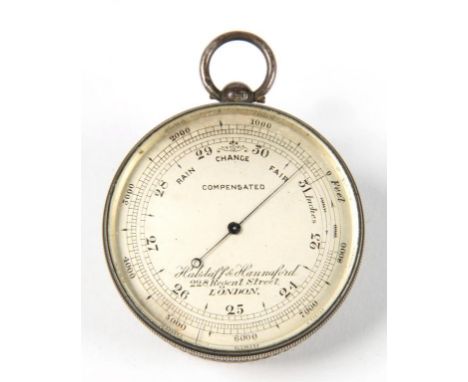 A VICTORIAN SILVER POCKET BAROMETER BY HALSTAFF AND HANNAFORD 228 REGENT STREET LONDON, WITH MILLED BEZEL, ENGINE TURNED BAND