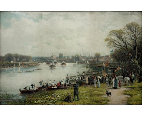 AFTER R. F. MACINTYRE, OXFORD AND CAMBRIDGE BOAT RACE, MORTLAKE ON THAMES, CHROMOLITHOGRAPH, 75 X 49CM 