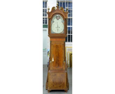 A VICTORIAN INLAID MAHOGANY EIGHT DAY LONGCASE CLOCK, THE PAINTED DIAL WITH LUNAR WORK, 240CM H