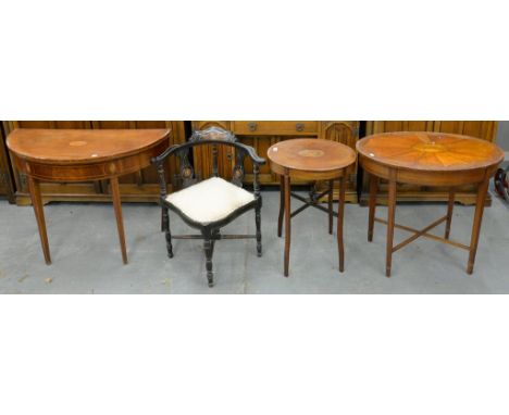 A GEORGE III INLAID MAHOGANY FOLDING CARD TABLE ON SQUARE TAPERING LEGS, TWO INLAID MAHOGANY OCCASIONAL TABLES AND AN INLAID 