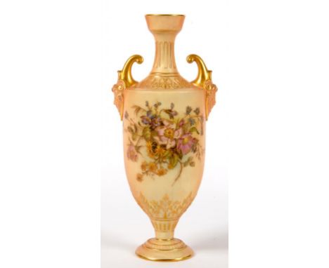 A ROYAL WORCESTER MASK HANDLED VASE IN THE FORM OF A LEKYTHOS, PRINTED AND PAINTED WITH NATURALISTIC FLOWERS ON A SHADED APRI