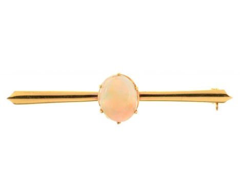 AN OPAL AND GOLD BAR BROOCH, UNMARKED, 53 MM W, 4.8G++GOOD CONDITION