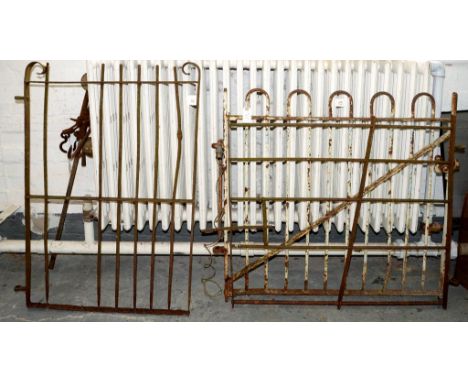 THREE VICTORIAN AND EARLY 20TH C WROUGHT IRON GARDEN GATES, 72CM W AND CIRCA, AN UNUSUALLY LARGE PAINTED WOOD AND IRON SACK T