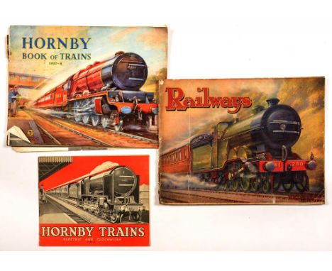 HORNBY TRAIN CATALOGUES. HORNBY TRAINS ELECTRIC AND CLOCKWORK, 1935-6 AND BOOK OF TRAINS, 1937-8, AND ANOTHER ITEM, RAILWAYS,