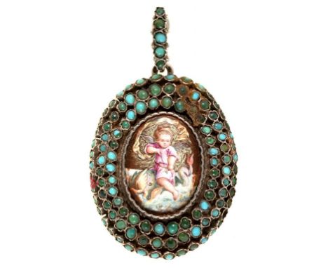 A SILVER LOCKET SET WITH TURQUOISE AND A MINIATURE ENAMEL PORTRAIT OF CUPID, 65 X 38 MM, LATE 19TH C, 27G++MISSING ONE STONE.