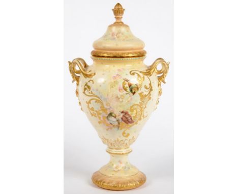 A CONTINENTAL EARTHENWARE VASE AND COVER IN ROYAL WORCESTER STYLE, ATTRACTIVELY PAINTED WITH BIRDS AND BLOSSOM, FRAMED BY RAI