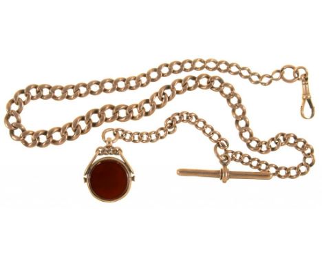 A COMPASS FOB IN 9CT GOLD, 40 CM L, ON A GOLD ALBERT, MARKED 9C, 40G++COMPASS COVER WELL WORN AND BUILD UP OF DIRT AND GRIME