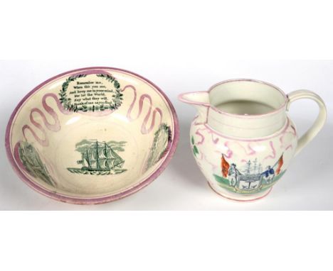 A SUNDERLAND LUSTRE JUG AND CONTEMPORARY BASIN WITH VARIOUS BLACK TRANSFER PRINTS, INCLUDING SHIP, MARINERS'S ARMS AND VERSES