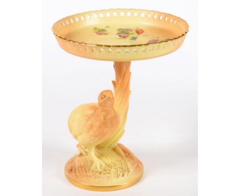 A ROYAL WORCESTER FRUIT STAND, THE PIERCED DISH ON LEAFY SUPPORT AND DOMED BASE WITH A PARTRIDGE STANDING ON CORN, PRINTED AN