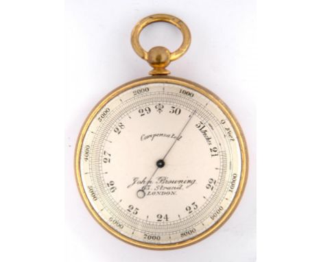 A VICTORIAN GILT BRASS POCKET BAROMETER BY JOHN BROWNING 63 STRAND LONDON, 4.5CM D