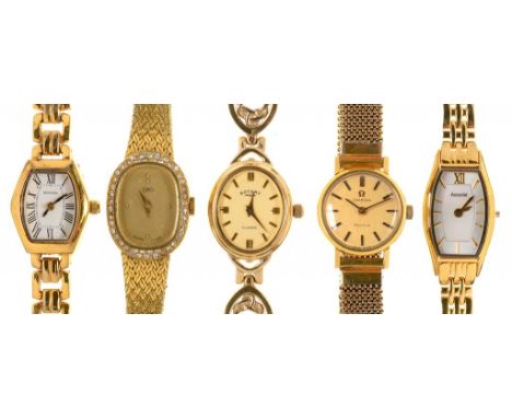 FIVE GOLD PLATED LADY'S WRISTWATCHES, TO INCLUDE OMEGA, ROTARY++BUILD UP OF DIRT AND GRIME TO ONE WATCH