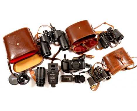 THREE PAIRS OF BINOCULARS IN LEATHER CASES, A CANON T-50 35MM CAMERA, TWO LENSES, ETC