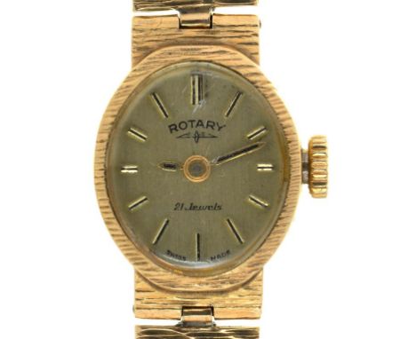A ROTARY 9CT GOLD LADY'S WRISTWATCH, 16 X 14 MM, CASE LONDON 1972, BRACELET BIRMINGHAM 1972, 15G++NOT RUNNING. SPOTS TO DIAL.