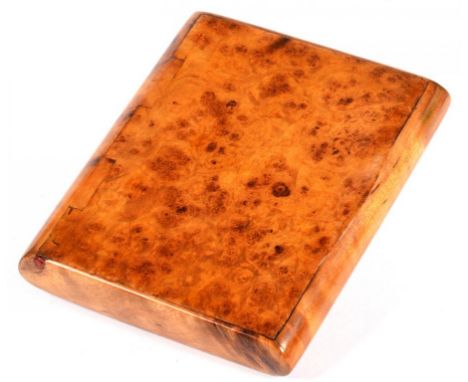 A BURR MAPLE CIGARETTE CASE WITH INTEGRAL HINGE, 8.5CM L, EARLY 20TH C