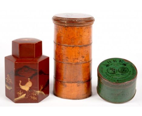 TREEN. A VICTORIAN VARNISHED SOFTWOOD CYLINDRICAL SPICE TOWER OF FOUR COMPARTMENTS AND COVER, 16CM H, A JAPANESE HEXAGONAL LA