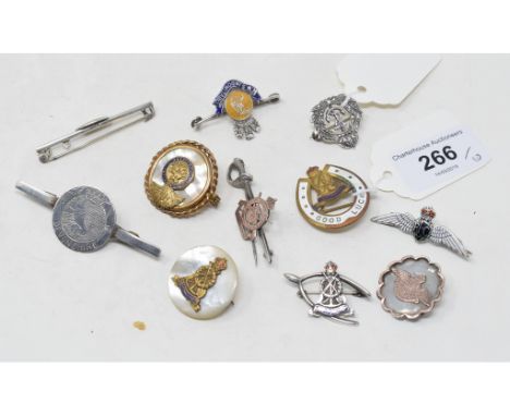 Ten sweetheart brooches, including a silver and enamel Royal Flying Corps, 3rd County of London Yeomanry (Sharp Shooters), No