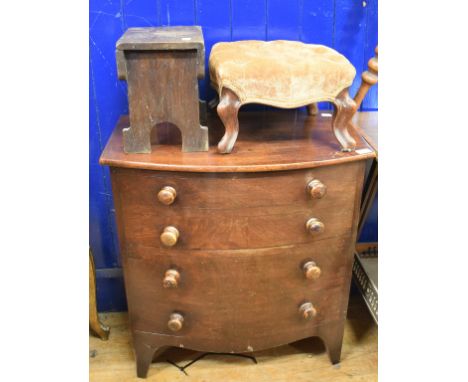 A small Victorian mahogany bow front chest, of four drawers, on bracket feet, 66 cm wide, and two stools (3)Report by GHThe c