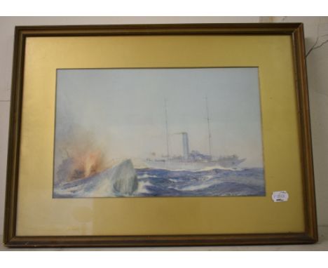 James Scrimgeour Mann, a First World War naval scene with a British vessel passing a sinking U-boat, watercolour, signed, 25 