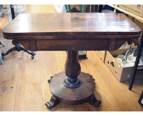 A William IV rosewood card table, on a circular platform base, 90 cm wide, a sofa table and a Pembroke table (3) 