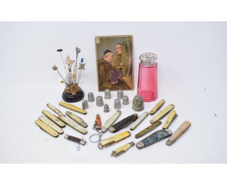 A silver thimble, Charles Horner, Chester 1923, two others, other silver thimbles, penknives, stick pins and items 