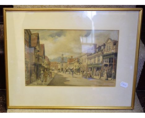 Victor W Burnand, High Street, Godalming, watercolour, signed and titled, 21.5 x 34 cm, other pictures, prints, and a triptyc