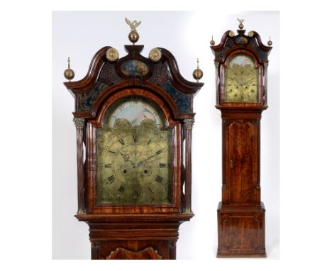 A longcase clock, the 34 cm square brass arched dial signed Robert Greaves, Macclesfield, with Roman numerals, and calendar d